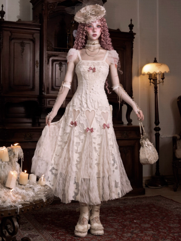 Love Heart Ribbon Cut-Out Lace Slip Dress【s0000013572】