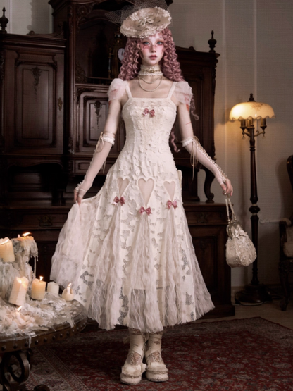 Love Heart Ribbon Cut-Out Lace Slip Dress【s0000013572】