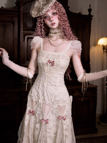 Love Heart Ribbon Cut-Out Lace Slip Dress【s0000013572】