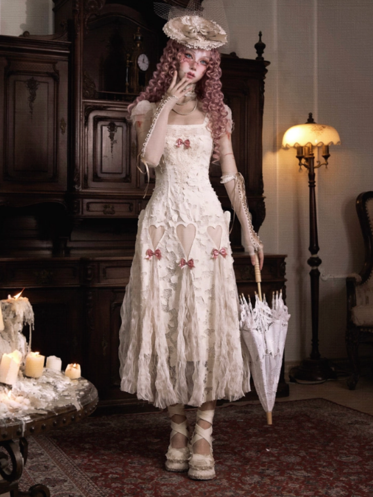 Love Heart Ribbon Cut-Out Lace Slip Dress【s0000013572】