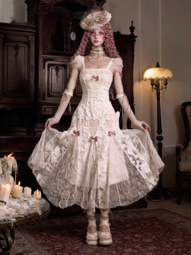 Love Heart Ribbon Cut-Out Lace Slip Dress【s0000013572】