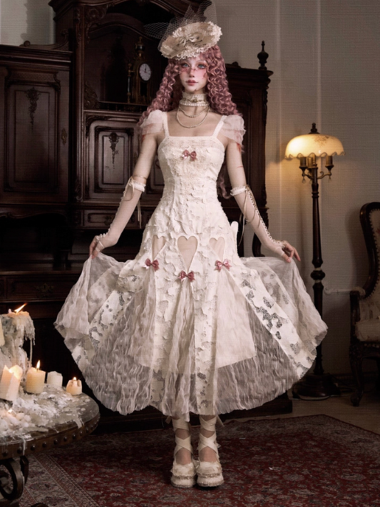 Love Heart Ribbon Cut-Out Lace Slip Dress【s0000013572】