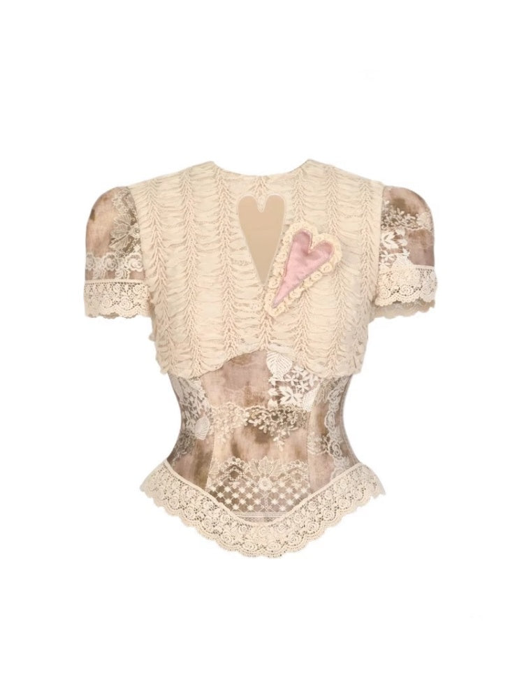 Elegant Vintage Crew Neck Love Cut-Out Lace Short Sleeve Tops【s0000013575】