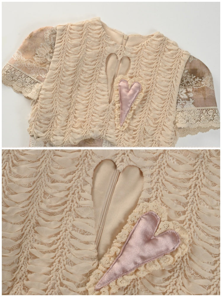 Elegant Vintage Crew Neck Love Cut-Out Lace Short Sleeve Tops【s0000013575】