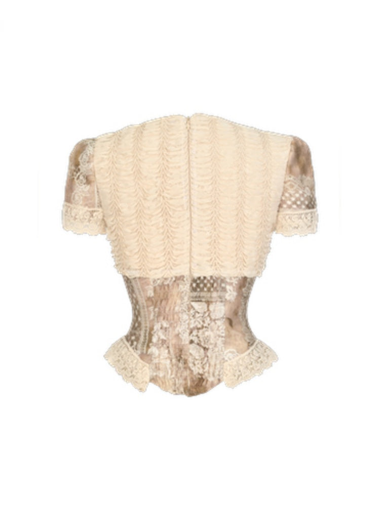 Elegant Vintage Crew Neck Love Cut-Out Lace Short Sleeve Tops【s0000013575】