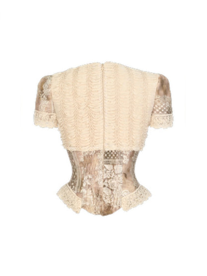 Elegant Vintage Crew Neck Love Cut-Out Lace Short Sleeve Tops【s0000013575】