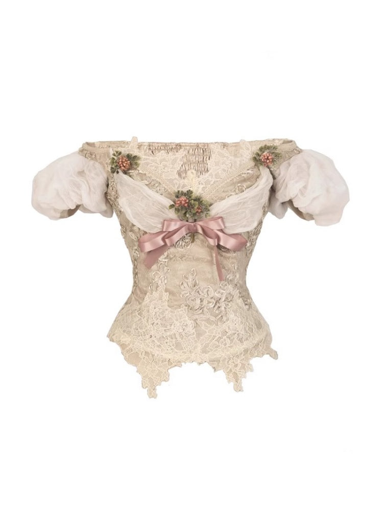 Edward Vintage Elegant One-Shoulder Puff Sleeve Mesh Tops【s0000013576】