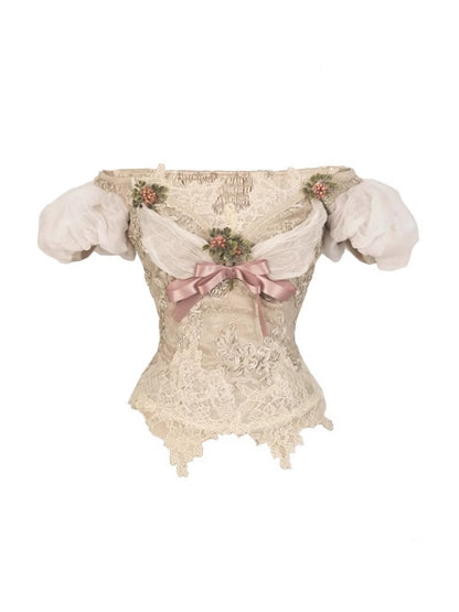 Edward Vintage Elegant One-Shoulder Puff Sleeve Mesh Tops【s0000013576】