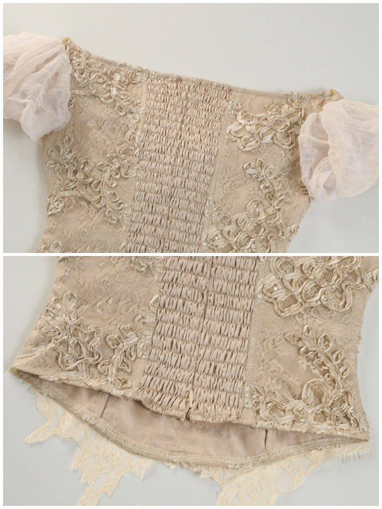 Edward Vintage Elegant One-Shoulder Puff Sleeve Mesh Tops【s0000013576】