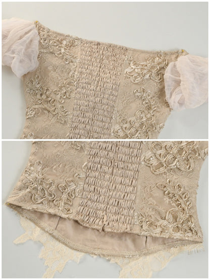 Edward Vintage Elegant One-Shoulder Puff Sleeve Mesh Tops【s0000013576】