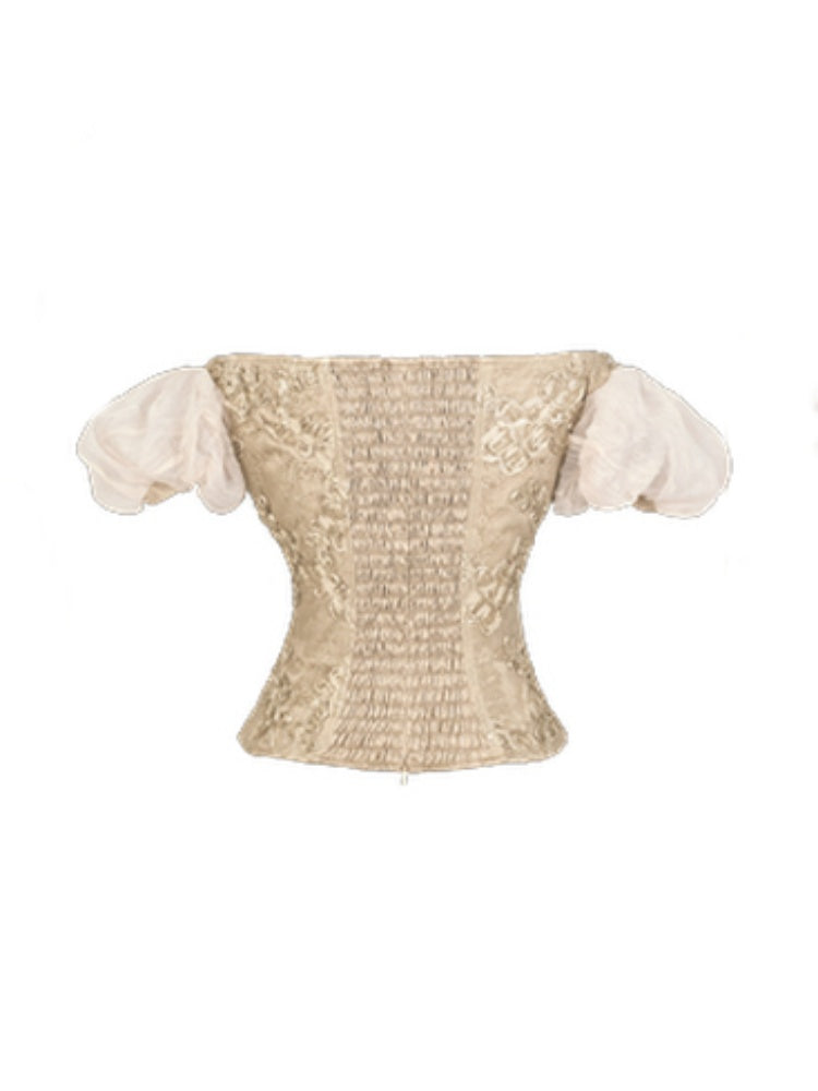 Edward Vintage Elegant One-Shoulder Puff Sleeve Mesh Tops【s0000013576】