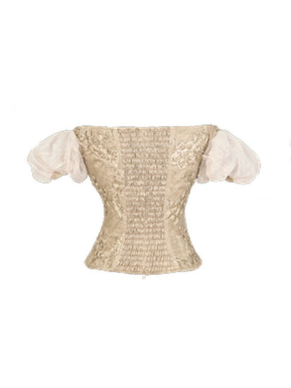 Edward Vintage Elegant One-Shoulder Puff Sleeve Mesh Tops【s0000013576】