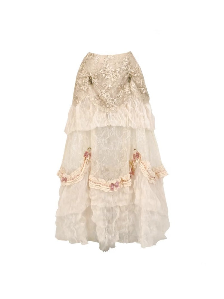 Basil French Elegant Vintage Ribbon Lace Long Trailing Skirt【s0000013577】