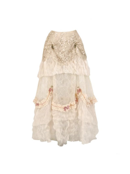 Basil French Elegant Vintage Ribbon Lace Long Trailing Skirt【s0000013577】