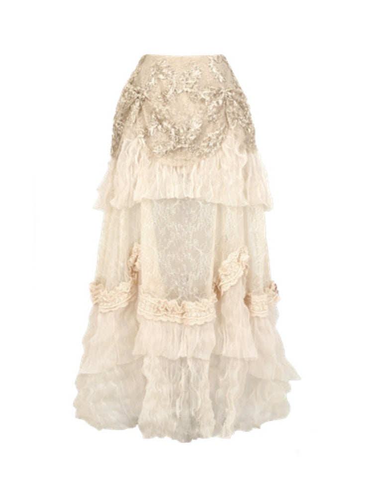 Basil French Elegant Vintage Ribbon Lace Long Trailing Skirt【s0000013577】