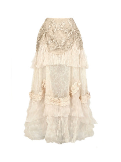 Basil French Elegant Vintage Ribbon Lace Long Trailing Skirt【s0000013577】