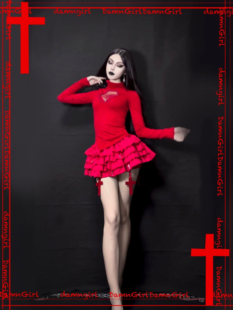 Blood-Stained Gothic Cross Cut-Out Turtle Neck Tops【s0000013579】