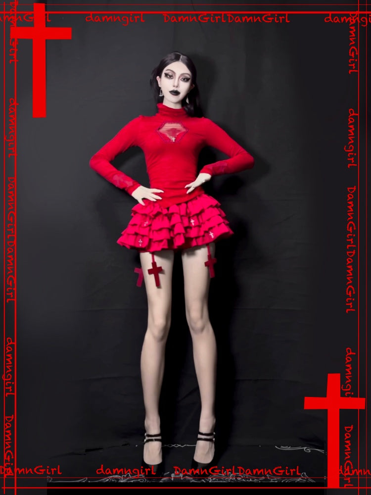 Blood-Stained Gothic Cross Cut-Out Turtle Neck Tops【s0000013579】