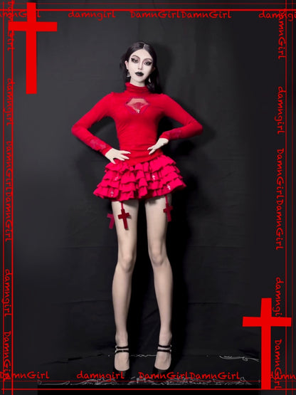 Blood-Stained Gothic Cross Cut-Out Turtle Neck Tops【s0000013579】