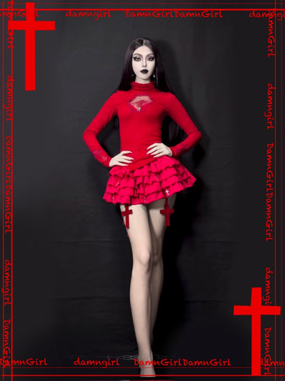 Blood-Stained Gothic Cross Cut-Out Turtle Neck Tops【s0000013579】