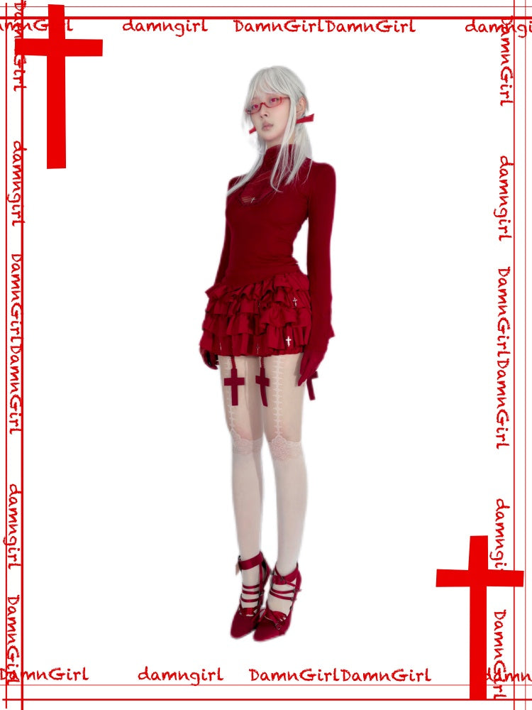 Blood-Stained Gothic Cross Cut-Out Turtle Neck Tops【s0000013579】