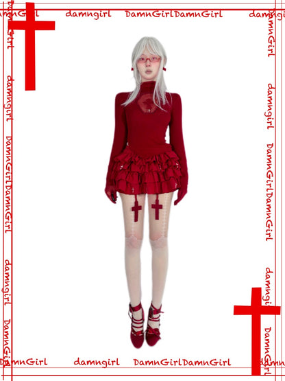 Blood-Stained Gothic Cross Cut-Out Turtle Neck Tops【s0000013579】