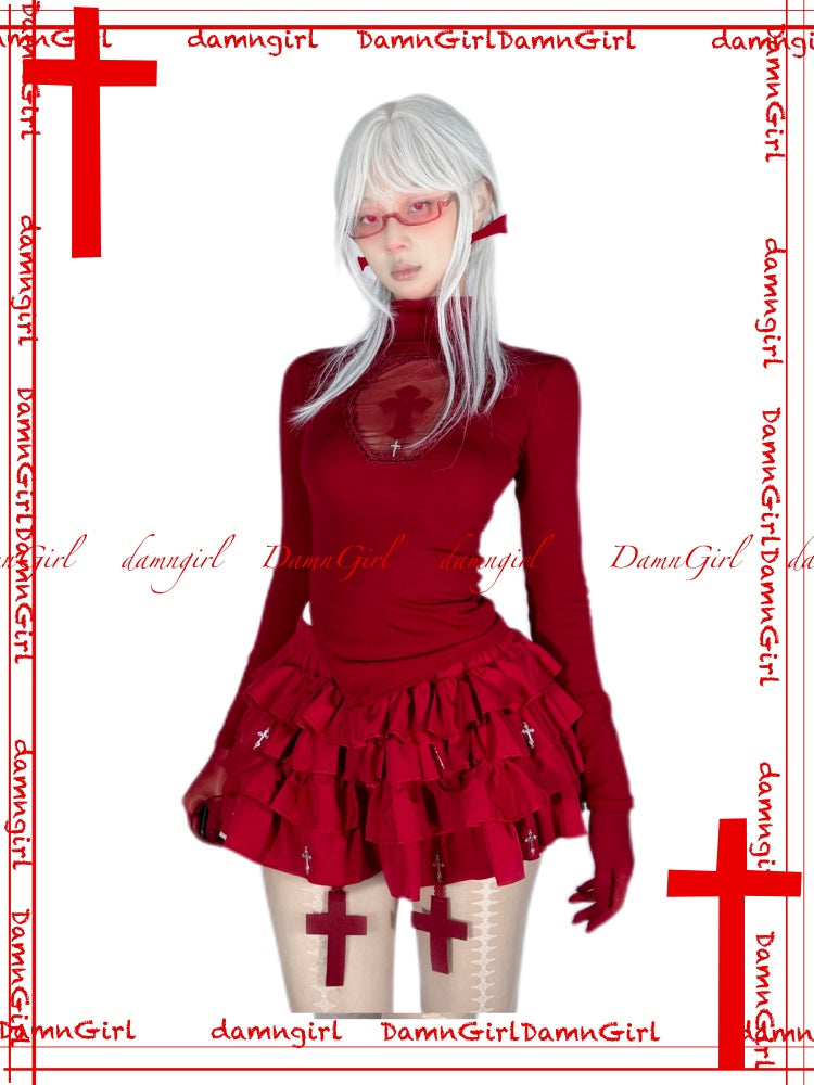 Blood-Stained Gothic Cross Cut-Out Turtle Neck Tops【s0000013579】