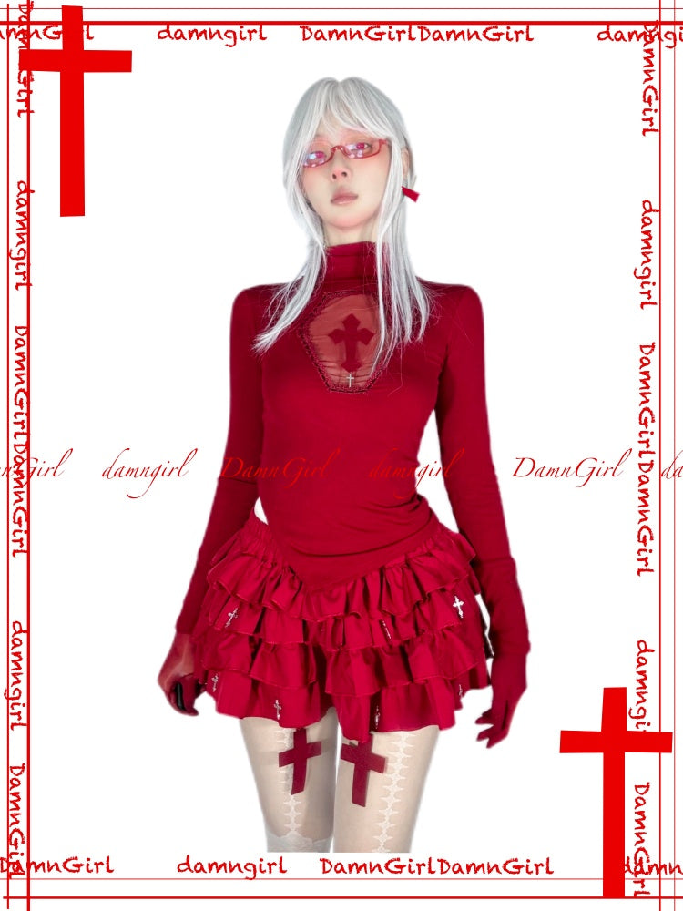 Blood-Stained Gothic Cross Cut-Out Turtle Neck Tops【s0000013579】