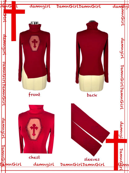Blood-Stained Gothic Cross Cut-Out Turtle Neck Tops【s0000013579】