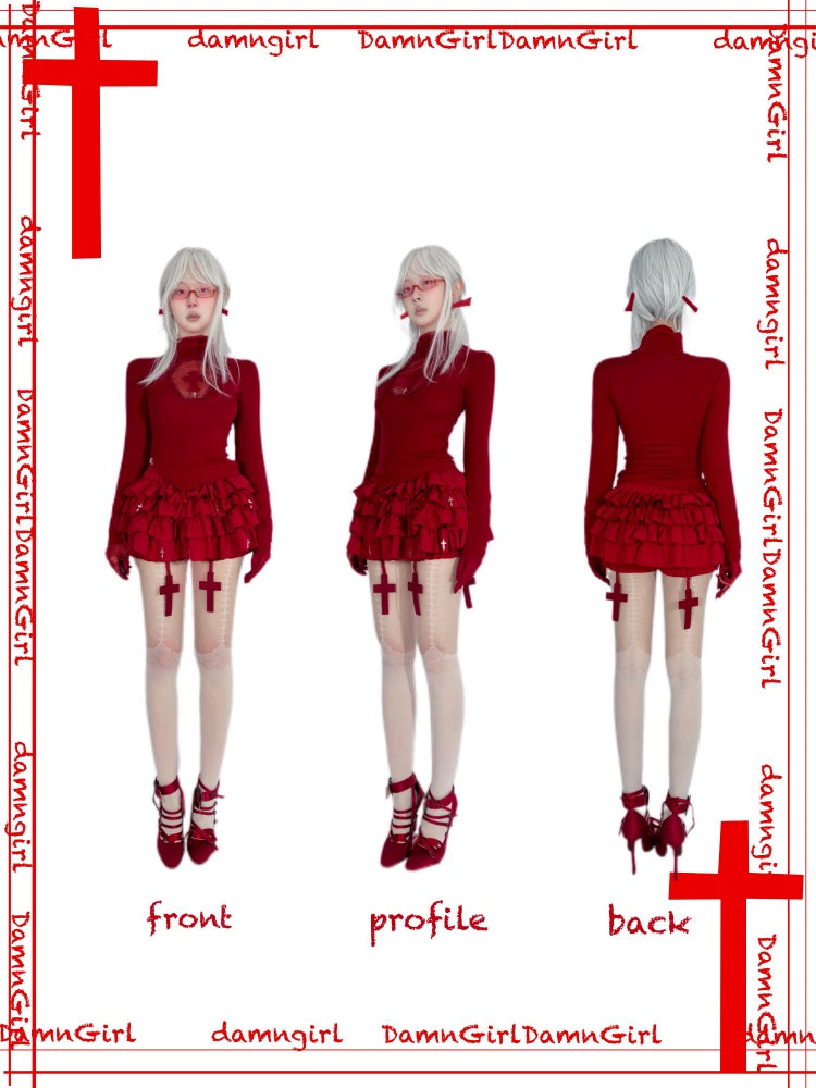 Blood-Stained Gothic Cross Cut-Out Turtle Neck Tops【s0000013579】