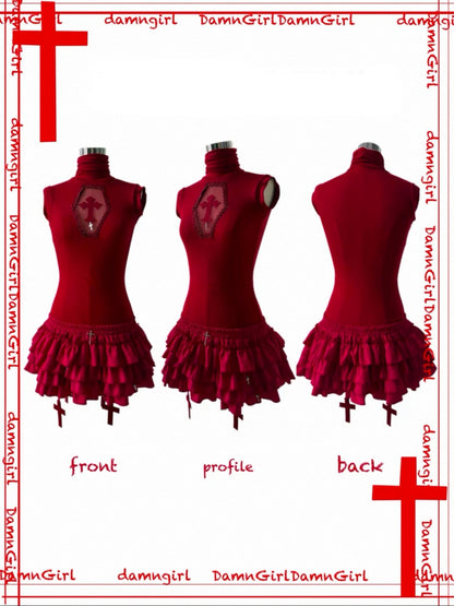 Blood-Stained Gothic Cross Cut-Out Turtle Neck Tops【s0000013579】