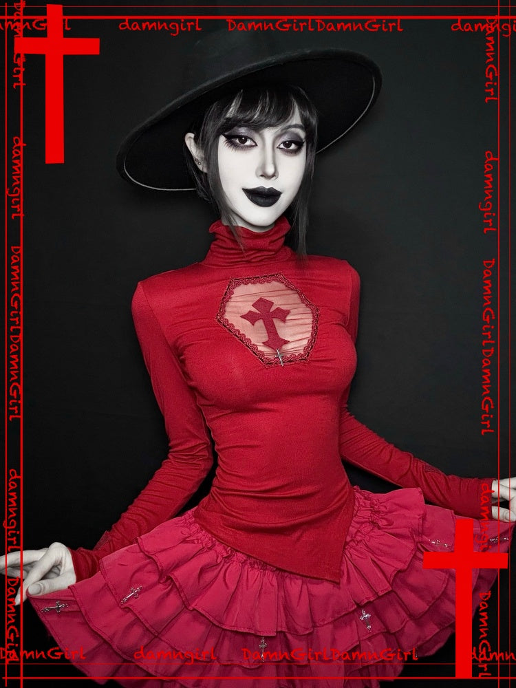 Blood-Stained Gothic Cross Cut-Out Turtle Neck Tops【s0000013579】