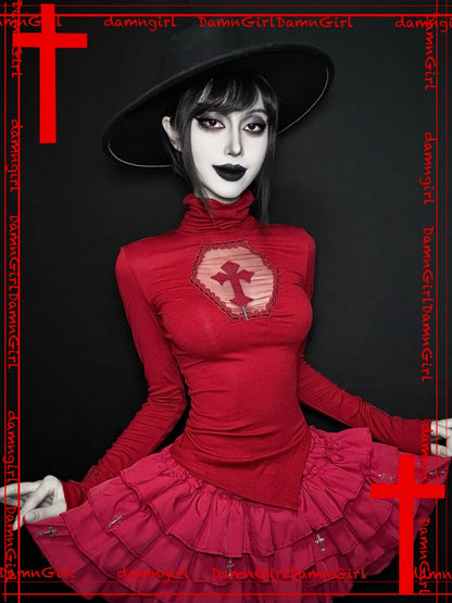 Blood-Stained Gothic Cross Cut-Out Turtle Neck Tops【s0000013579】