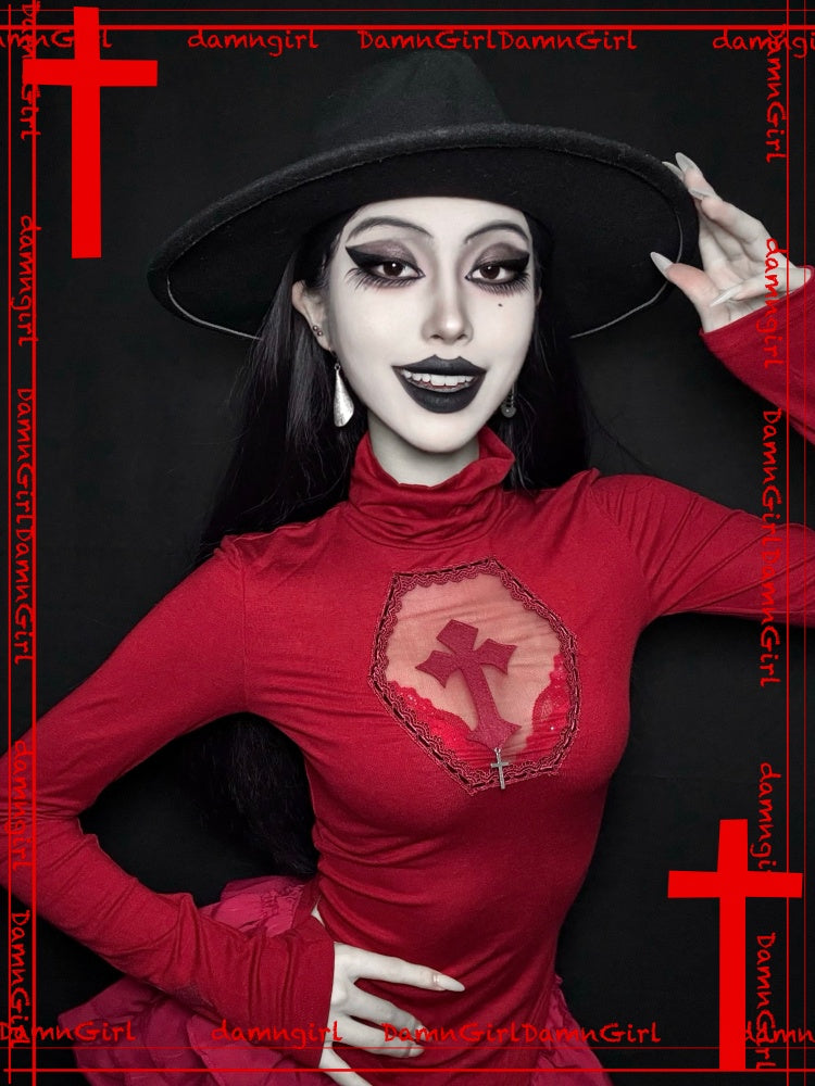 Blood-Stained Gothic Cross Cut-Out Turtle Neck Tops【s0000013579】