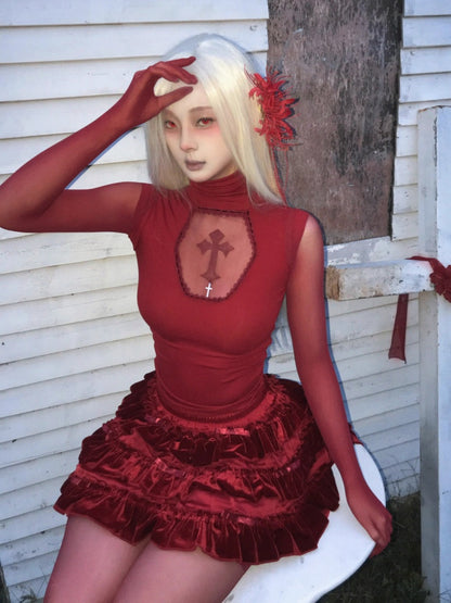 Blood-Stained Gothic Cross Cut-Out Turtle Neck Tops【s0000013579】