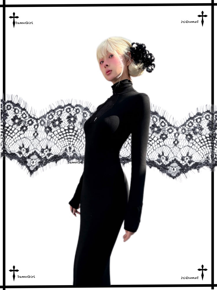 Cross Fishtail Wrap Hip Maxi Skirt Gothian Mesh Cut Out Slim Dress【s0000013581】