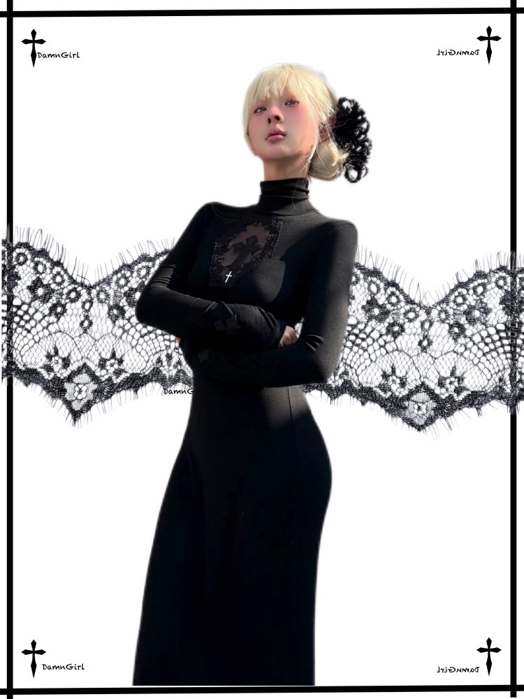 Cross Fishtail Wrap Hip Maxi Skirt Gothian Mesh Cut Out Slim Dress【s0000013581】