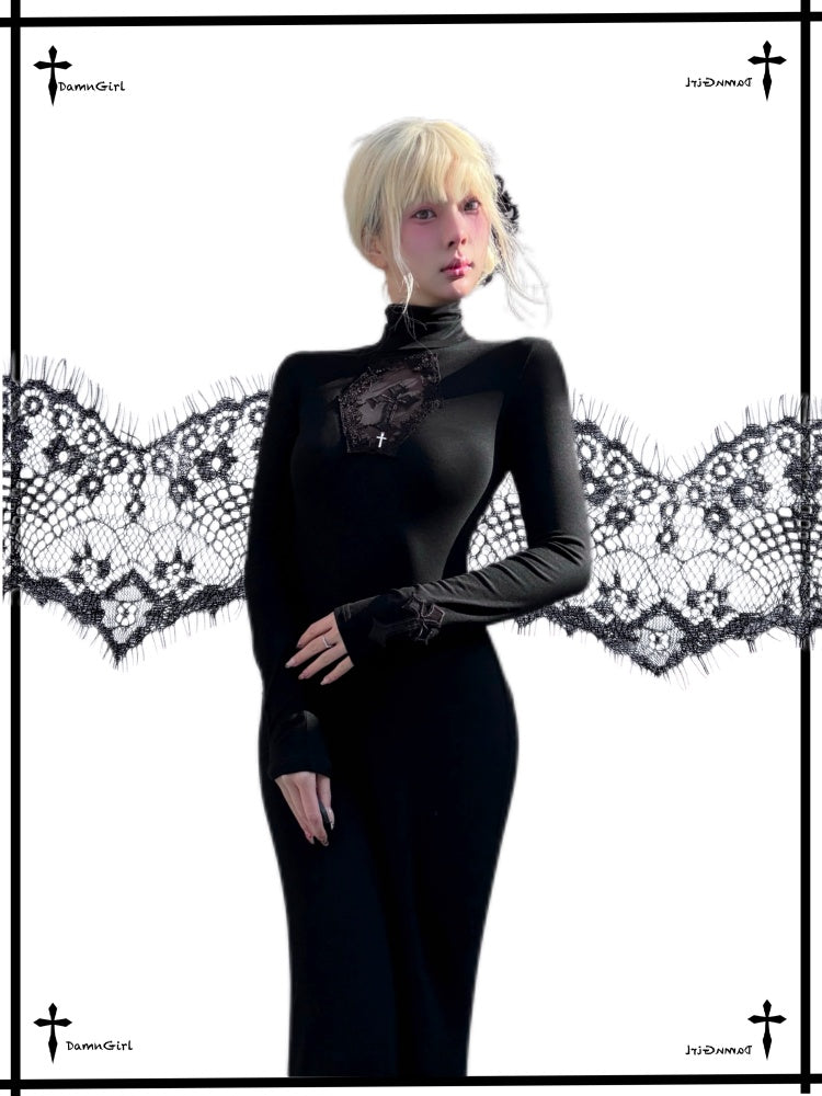 Cross Fishtail Wrap Hip Maxi Skirt Gothian Mesh Cut Out Slim Dress【s0000013581】