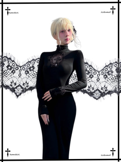 Cross Fishtail Wrap Hip Maxi Skirt Gothian Mesh Cut Out Slim Dress【s0000013581】