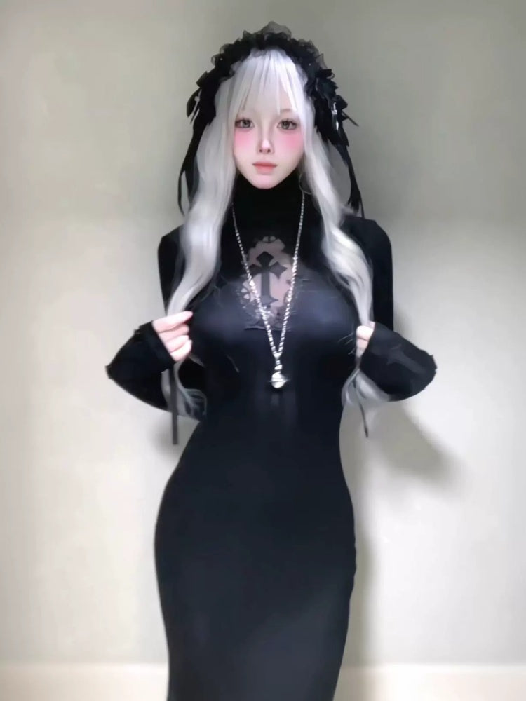 Cross Fishtail Wrap Hip Maxi Skirt Gothian Mesh Cut Out Slim Dress【s0000013581】