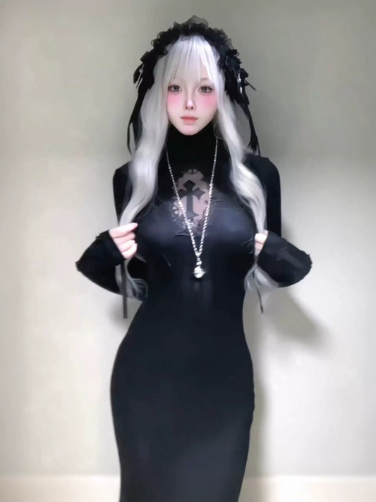 Cross Fishtail Wrap Hip Maxi Skirt Gothian Mesh Cut Out Slim Dress【s0000013581】