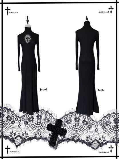 Cross Fishtail Wrap Hip Maxi Skirt Gothian Mesh Cut Out Slim Dress【s0000013581】