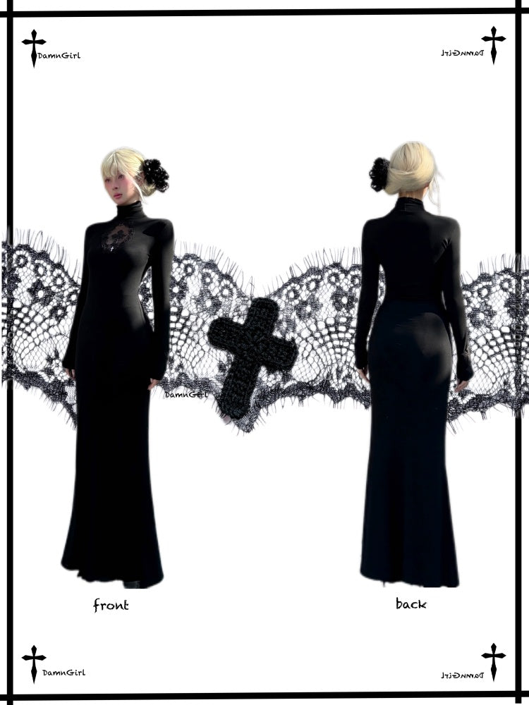 Cross Fishtail Wrap Hip Maxi Skirt Gothian Mesh Cut Out Slim Dress【s0000013581】