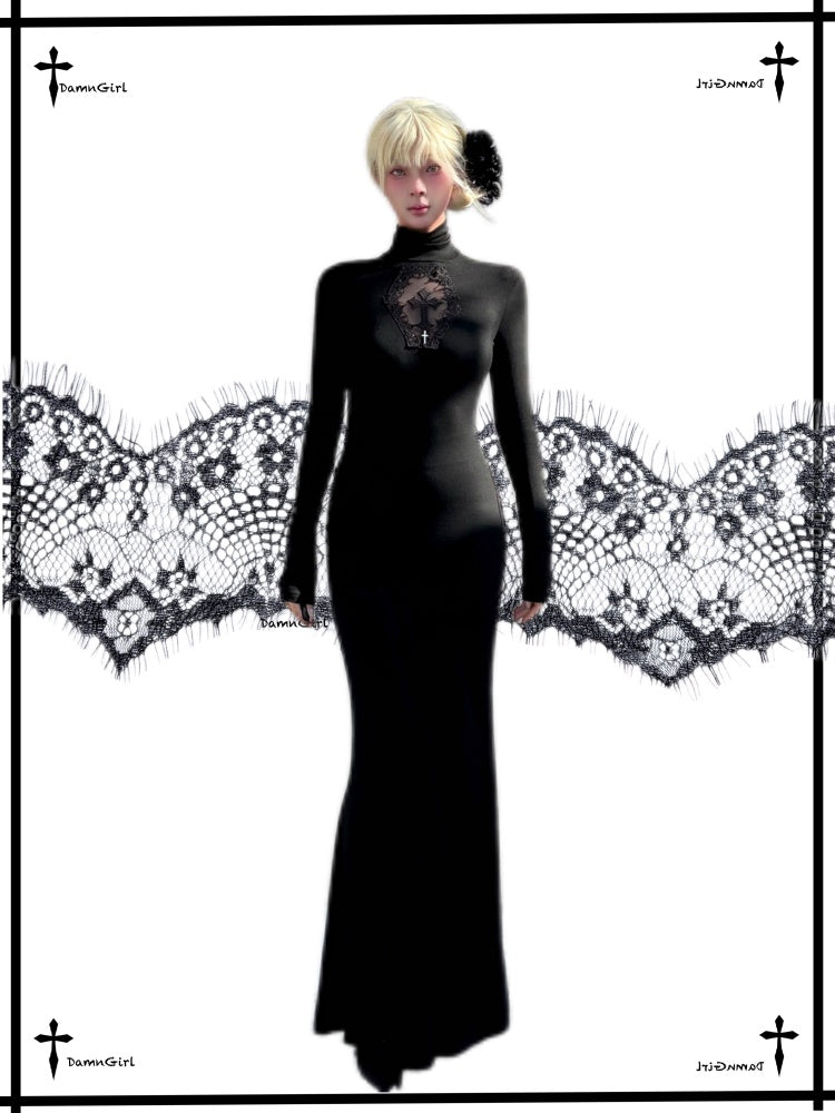 Cross Fishtail Wrap Hip Maxi Skirt Gothian Mesh Cut Out Slim Dress【s0000013581】