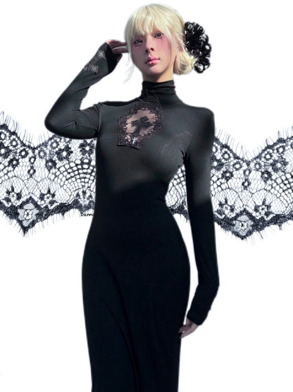 Cross Fishtail Wrap Hip Maxi Skirt Gothian Mesh Cut Out Slim Dress【s0000013581】