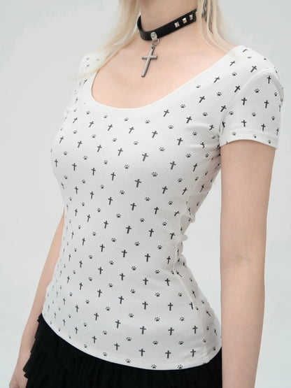 "Paw Prints Walking On Tiptoe" Cross U-Neck Short Sleeved T-Shirt【s0000013583】