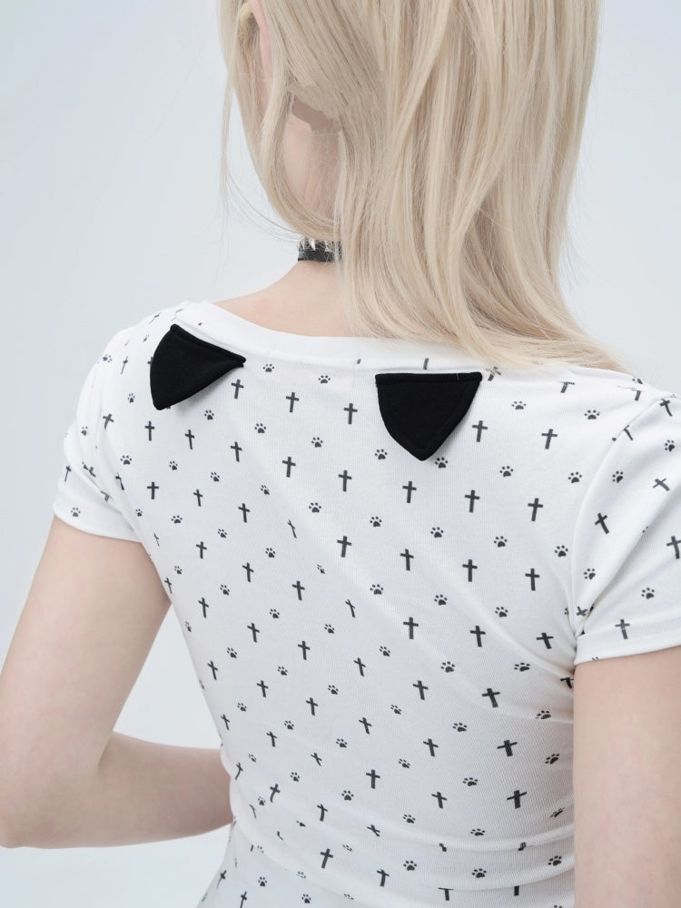 "Paw Prints Walking On Tiptoe" Cross U-Neck Short Sleeved T-Shirt【s0000013583】