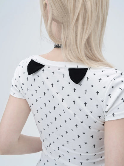 "Paw Prints Walking On Tiptoe" Cross U-Neck Short Sleeved T-Shirt【s0000013583】