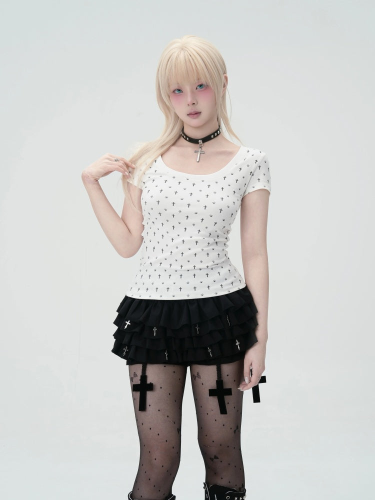 "Paw Prints Walking On Tiptoe" Cross U-Neck Short Sleeved T-Shirt【s0000013583】