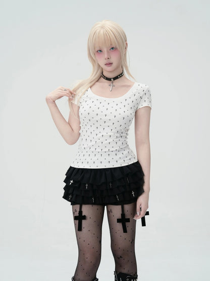 "Paw Prints Walking On Tiptoe" Cross U-Neck Short Sleeved T-Shirt【s0000013583】